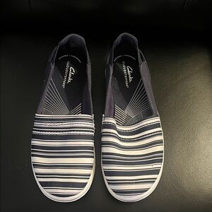 Clarks Women’s Navy and White Striped Loafers. Size 9